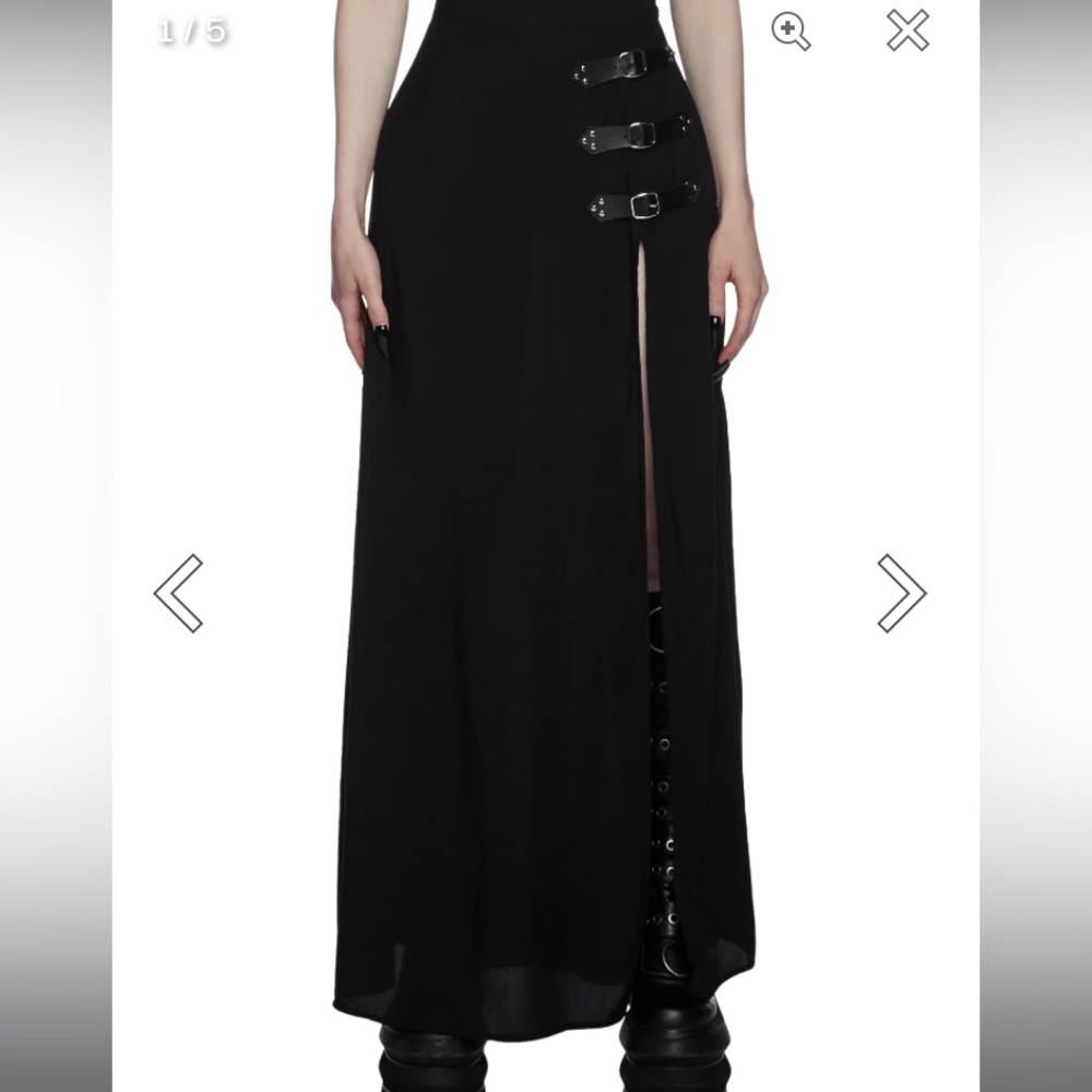 Dollskill Widow leather buckle maxi skirt, black, side slit, “Twilight Doom”